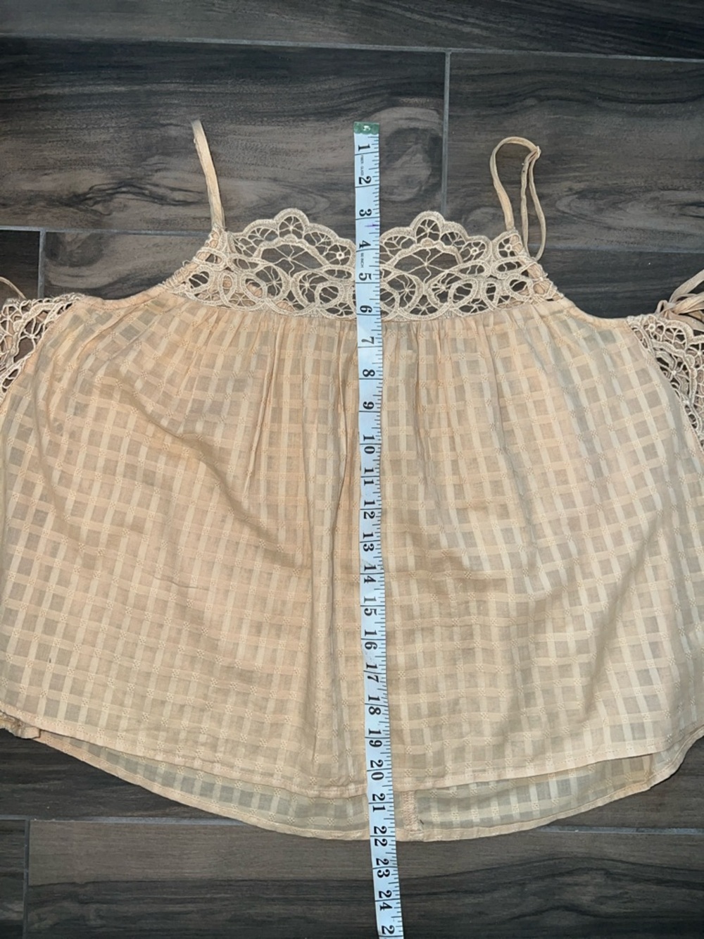 American Eagle Peach Tan Gingham Crochet Lace Side Tie Tank Top Shirt Size S - Picture 9 of 15